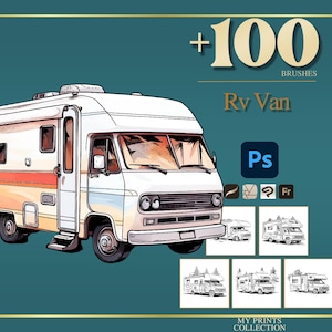 May include: Watercolor illustration of a white RV van with orange and yellow accents. The image includes the text "+100 BRUSHES Rv Van" and icons for Photoshop, Procreate, and other software. Several smaller RV van sketches are also included.