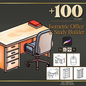 May include: An illustration of an isometric office and study builder set. The image features a desk, chair, and other office-related items. The text reads "+100 STAMPS" and "Isometric Office & Study Builder".