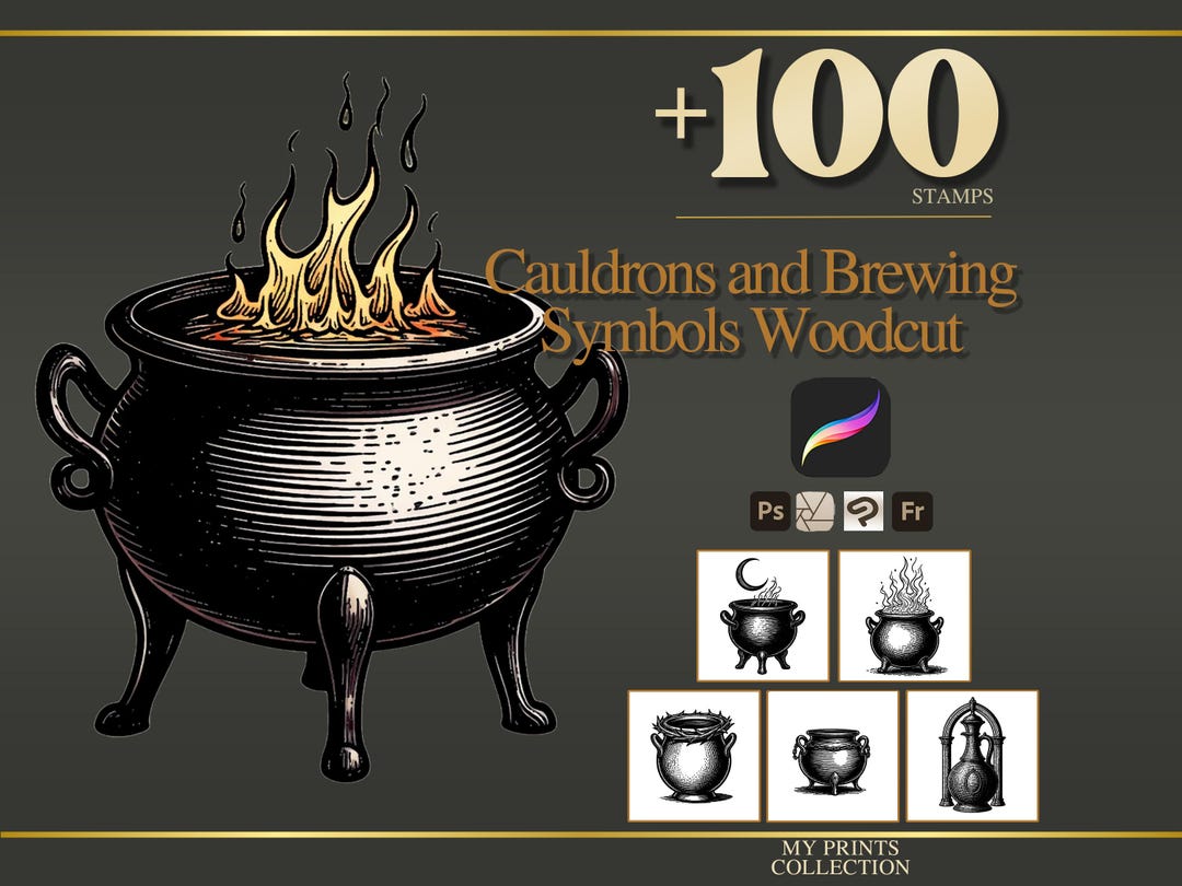 Cauldrons and Brewing Symbols Woodcut Procreate Stamps & Photoshop ...