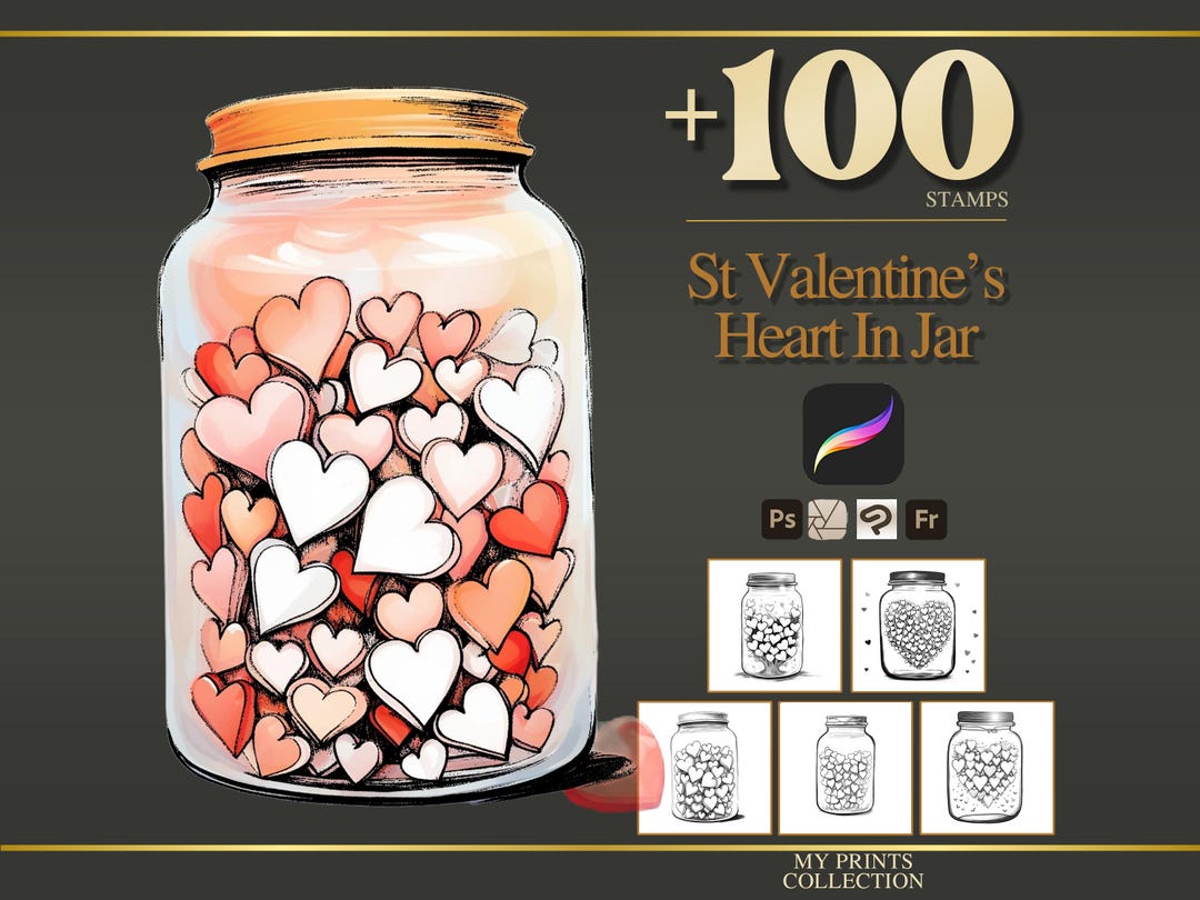 St Valentines Heart in Jar Procreate Stamp & Photoshop Brush – 100 ...