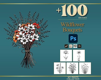 May include: A digital collection of over 100 wildflower bouquet brushes for design software. The image features a central bouquet illustration with white and orange flowers, alongside five smaller black and white floral sketches and the text +100 BRUSHES Wildflower Bouquets Ps.