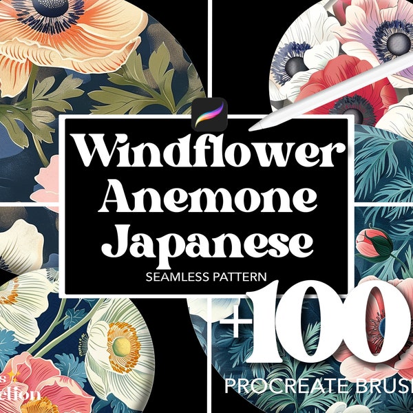 100+ Procreate Windflower Anemone Japanische Pinsel, Abstrakte Nahtlose Muster Textur Overlay Pinsel, Blume Botanische Natur Design