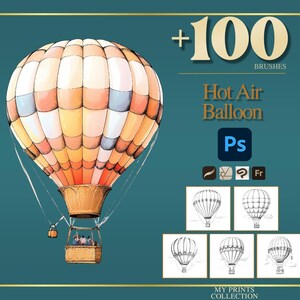 Può includere: Illustrazione ad acquerello di una mongolfiera nei toni dell'arancione, pesca, blu e bianco, con un cesto. L'immagine include il testo "+100 BRUSHES" e "Hot Air Balloon Ps".