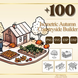 May include: An illustrated autumn countryside scene featuring a house, garden beds, and a farmer. The image includes the text "+100 Isometric Autumn Countryside Builder" and file type icons. Additional small illustrations are also included.