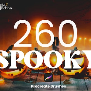 May include: 260 Spooky Procreate Brushes. A digital illustration of a collection of Halloween themed brushes for the Procreate app. The image features three jack-o'-lantern pumpkins with glowing faces, a dark silhouette of a bird perched on one of the pumpkins, and a wooden surface with a single lit candle.