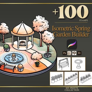 Puede incluir: Ilustración de sellos digitales Isometric Spring Garden Builder. La imagen presenta un diseño de jardín circular con un cenador, una fuente, bancos y árboles. El texto dice "+100 STAMPS" y "Isometric Spring Garden Builder".