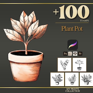 Plant Pot Procreate Stamps & Photoshop Brushes – 100+ Flower Botanical Nature Tattoo, Illustration, Line Art, Stencil, Brush Pack