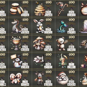 Peut inclure: Une grille d'illustrations fantaisistes, chacune avec une &eacute;tiquette "+100". Les images comprennent une pile de livres avec une pomme, des macarons, une ruche, un bouffon, une d&eacute;coration de No&euml;l, un n&oelig;ud, un dragon, un lapin, une queue de sir&egrave;ne, une pierre tombale, une porte, un gobelet, des champignons, un ours en peluche, une tortue, un chien, un bonhomme de neige, un papillon, un cocktail, une th&eacute;i&egrave;re, une dinde, un n&oelig;ud en forme de c&oelig;ur, un cerf, le P&egrave;re No&euml;l et une bouteille de potion.