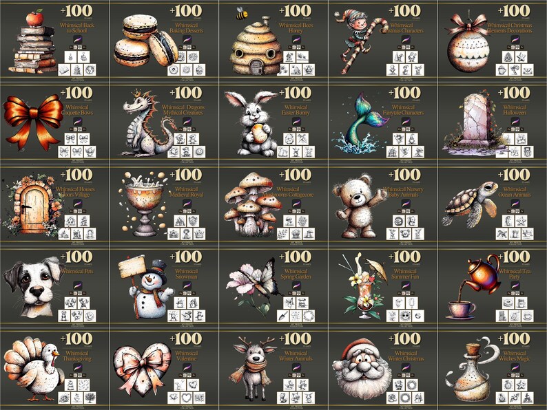 Peut inclure: Une grille d'illustrations fantaisistes, chacune avec une &eacute;tiquette "+100". Les images comprennent une pile de livres avec une pomme, des macarons, une ruche, un bouffon, une d&eacute;coration de No&euml;l, un n&oelig;ud, un dragon, un lapin, une queue de sir&egrave;ne, une pierre tombale, une porte, un gobelet, des champignons, un ours en peluche, une tortue, un chien, un bonhomme de neige, un papillon, un cocktail, une th&eacute;i&egrave;re, une dinde, un n&oelig;ud en forme de c&oelig;ur, un cerf, le P&egrave;re No&euml;l et une bouteille de potion.