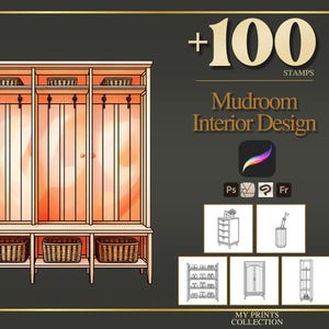 May include: A digital illustration of a three-section mudroom storage unit with hooks, upper shelves, and lower woven baskets. The graphic includes the text +100 STAMPS Mudroom Interior Design, software icons, and smaller line art examples of furniture.