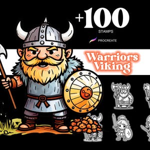 Más de 100 sellos de dibujos animados vikingos de Procreate Warriors, anime, fantasía, Chibi, kawaii, juego de pinceles para iPad, armadura, arte lineal, sobrenatural, descarga digital
