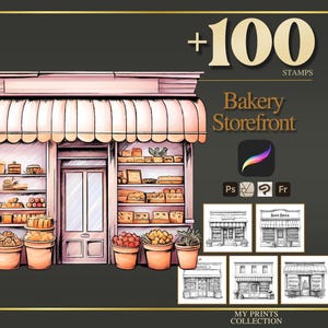 Pacote com mais de 100 pincéis, carimbos e ilustrações para Procreate e Photoshop com tema de fachada de padaria: tatuagens, ilustrações, desenhos de linha, estênceis e muito mais para design de interiores.