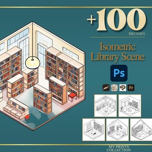 May include: Isometric library scene illustration with bookshelves, red chairs, and a hanging light. The image includes the text "+100 BRUSHES" and "Isometric Library Scene" with a Photoshop logo and other design elements.