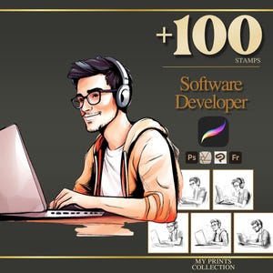 Sviluppatore di software Procreate Stamps e pennelli Photoshop - Pacchetto di tatuaggi, illustrazioni, disegni al tratto, stencil e pennelli per oltre 100 persone