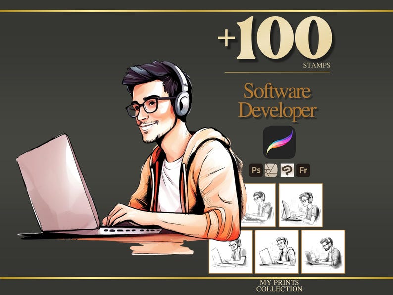 Softwareontwikkelaar Procreate Stamps en Photoshop-penselen – 100+ mensen Carrièretattoo, illustratie, zeer fijne tekeningen, stencil, penseelpakket afbeelding 1