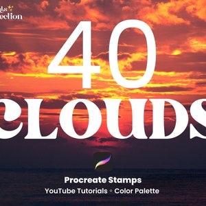 Puede incluir: Una ilustración digital de una puesta de sol con 40 nubes blancas delante. El texto "40 clouds" está en blanco, en negrita, en fuente sans-serif. Debajo de las nubes, el texto "Procreate Stamps" está en blanco, en fuente sans-serif. Debajo de eso, el texto "YouTube Tutorials • Color Palette" está en blanco, en fuente sans-serif.