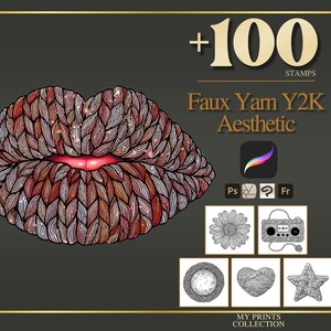 Könnte beinhalten: Digitaler Kunstdruck mit stilisierten Lippen mit Strickgarn-Textur in Rot-, Braun- und Weißtönen. Der Text lautet "Faux Yarn Y2K Aesthetic" mit "+100 STAMPS". Enthält Procreate- und Photoshop-Symbole.