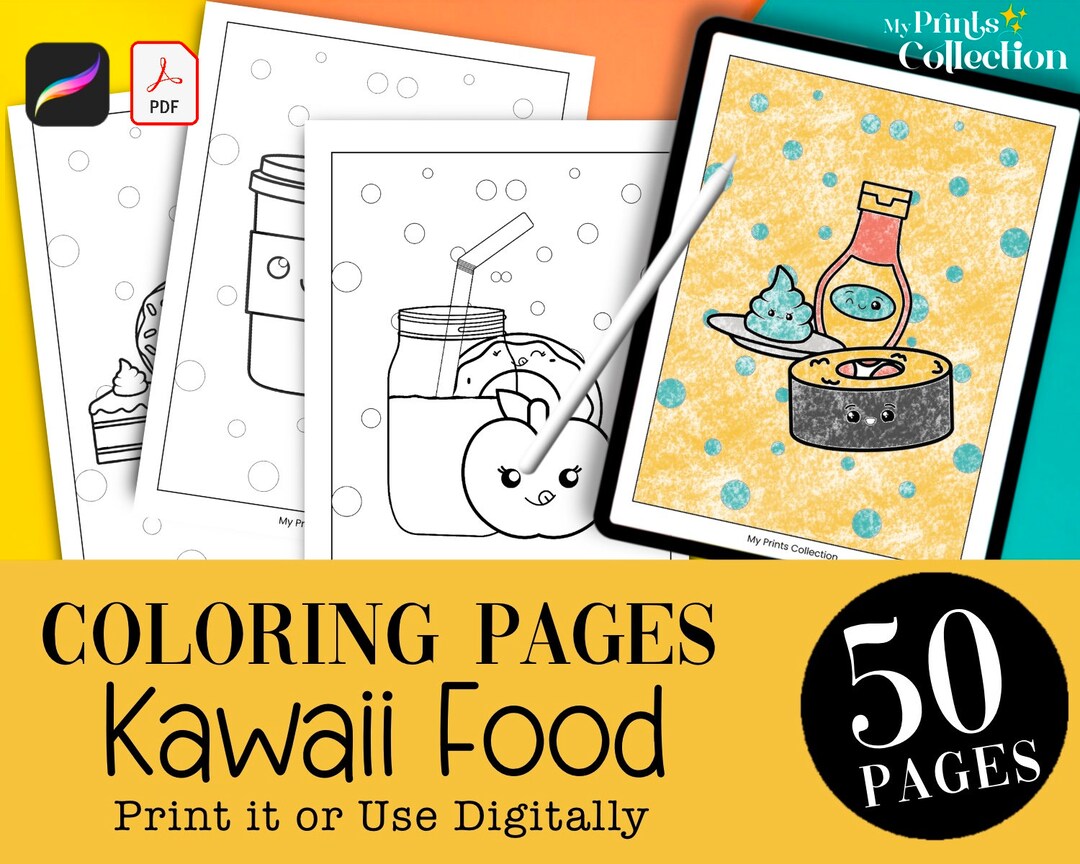 50 Kawaii Food Coloring Pages, Coloring Book Kids Toddler, Instant PDF ...