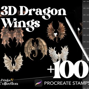 Könnte beinhalten: Eine digitale Illustration von 3D-Drachenflügeln in verschiedenen Posen und Stilen. Das Bild enthält den Text "3D Dragon Wings +100 Procreate Stamps".
