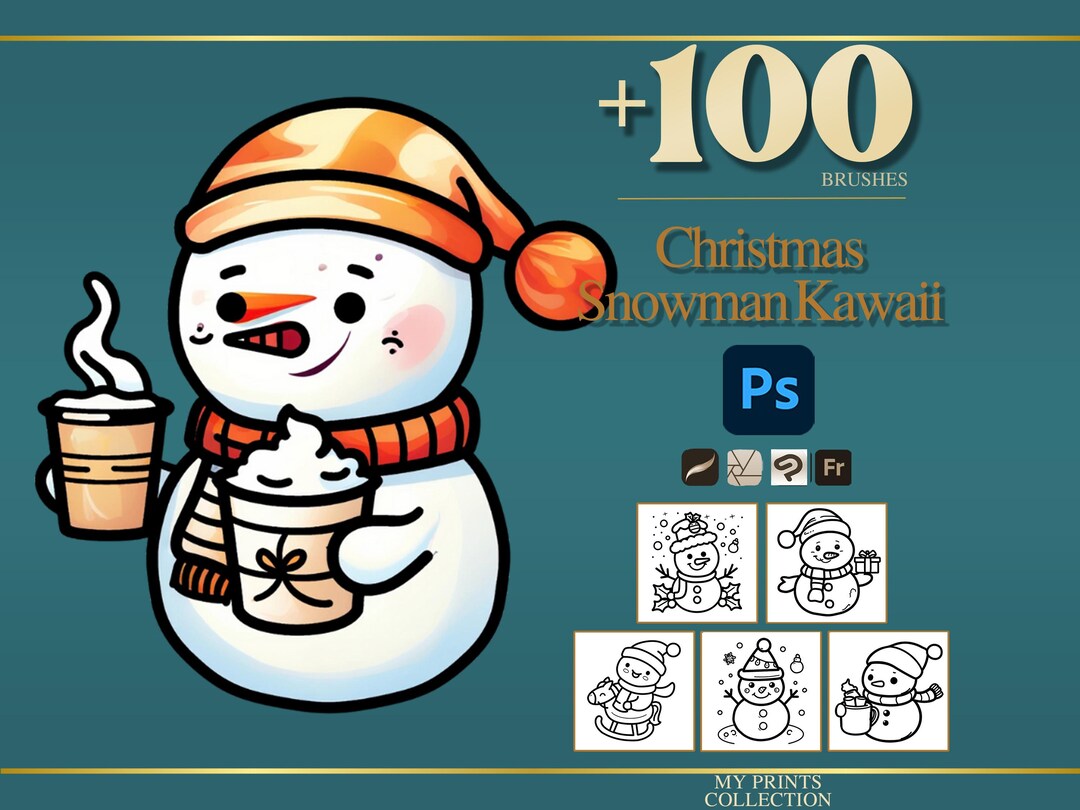 Snowman Kawaii Christmas Photoshop Brushes & Procreate Stamps – 100 ...