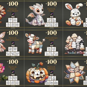 Peut inclure: Une collection de tampons d'art num&eacute;rique avec des motifs patchwork. L'image pr&eacute;sente divers th&egrave;mes, dont une marguerite, un dragon, un lapin, une f&eacute;e, une vache, une for&ecirc;t, une rose, une citrouille et un motif inspir&eacute; de la dentelle. Chaque motif est accompagn&eacute; du texte "+100".
