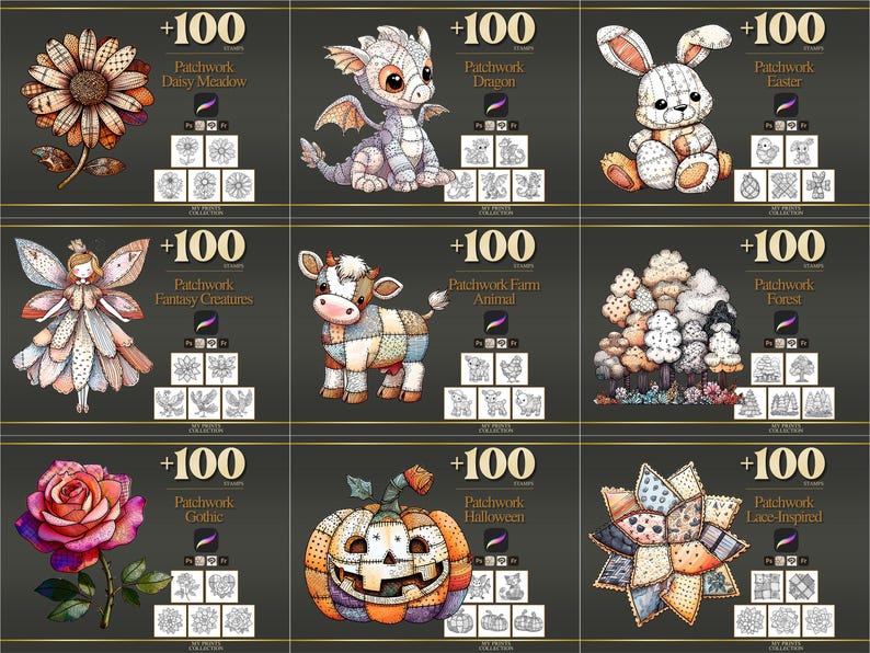 Peut inclure: Une collection de tampons d'art num&eacute;rique avec des motifs patchwork. L'image pr&eacute;sente divers th&egrave;mes, dont une marguerite, un dragon, un lapin, une f&eacute;e, une vache, une for&ecirc;t, une rose, une citrouille et un motif inspir&eacute; de la dentelle. Chaque motif est accompagn&eacute; du texte "+100".