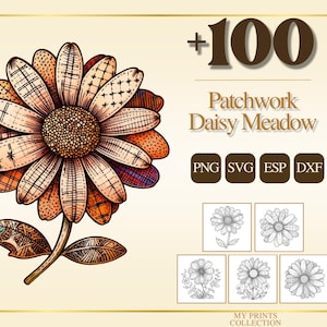 Könnte beinhalten: Digitaldruck einer Patchwork-Gänseblümchen mit braunem Zentrum und Blütenblättern in verschiedenen Orange- und Beigetönen. Der Druck enthält den Text "+100 Patchwork Daisy Meadow" und Dateityp-Symbole.