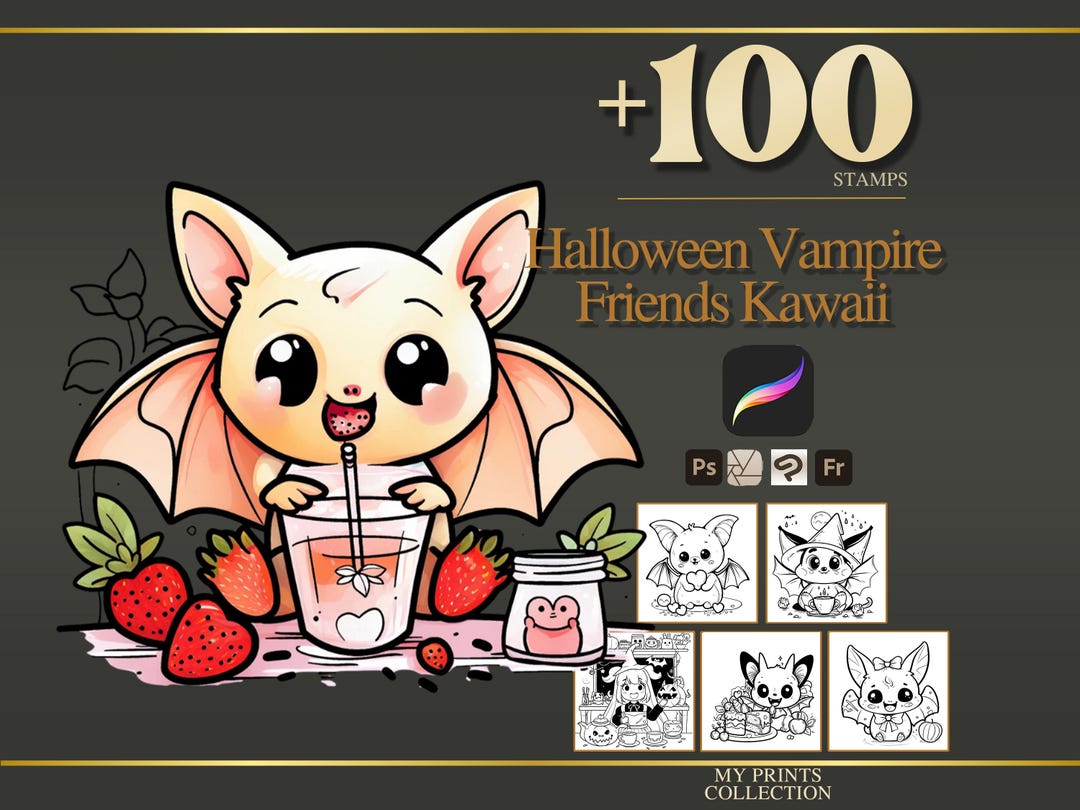 Vampire Friends Kawaii Halloween Procreate Stamps & Photoshop Brushes ...