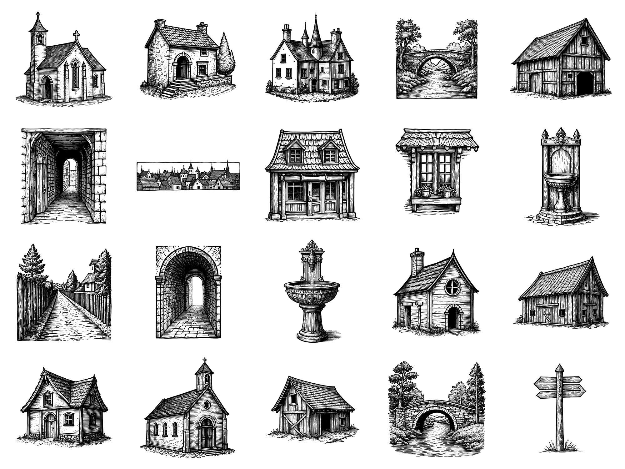 Village Medieval Photoshop Brushes & Procreate Stamps – 100+ Woodcut ...