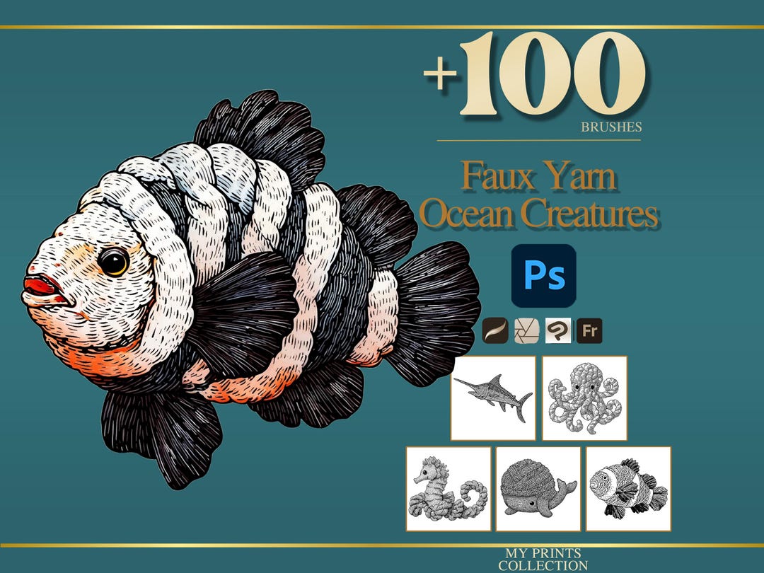 Faux Yarn Ocean Creatures Photoshop Brushes & Procreate Stamps – 100 ...