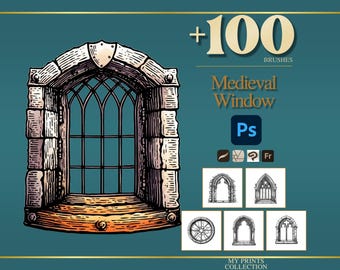 Window Medieval Photoshop Brushes & Procreate Stamps – 100+ Woodcut Tattoo, Digital Art, Clipart, Line Art, Stencil