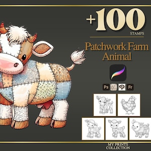 May include: A colorful patchwork cow illustration with a stitched design. The image includes the text "+100 STAMPS" and "Patchwork Farm Animal". Additional small illustrations of farm animals are also present.