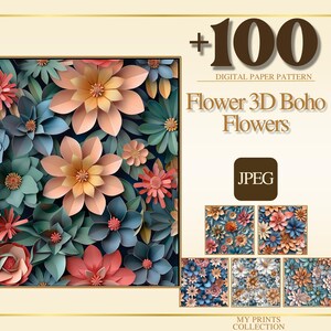 3D Boho blommor Sömlös textur JPEG-paket, 100+ digitala papper 3000x3000px 300dpi, scrapbooking, Canva, journalingbakgrunder