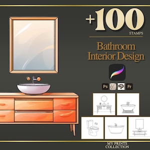 May include: A digital illustration of a bathroom vanity with a vessel sink and a rectangular mirror above it. The text reads +100 STAMPS Bathroom Interior Design. Includes icons for software compatibility and five small line art bathroom sketches.