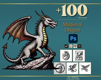 Dragon Medieval Photoshop Brushes & Procreate Stamps – 100+ Woodcut Tattoo, Digital Art, Clipart, Line Art, Stencil