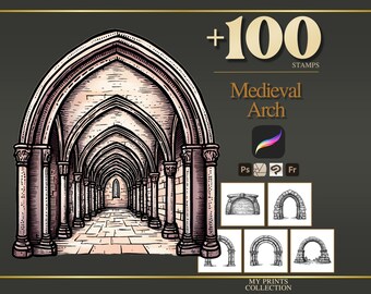 Arch Medieval Procreate Stamps & Photoshop Brushes – 100+ Woodcut Tattoo, Digital Art, Clipart, Line Art, Brush Pack