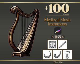 Music Instruments Medieval Procreate Stamps & Photoshop Brushes – 100+ Woodcut Tattoo, Digital Art, Clipart, Line Art, Brush Pack