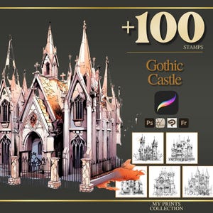 Gothic Castle Procreate Stamps & Photoshop Brushes – 100+ Place House Landscape Magical Whimsical Tattoo, Illustration, Stencil, Brush Pack