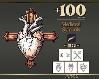 Symbols Medieval Procreate Stamps & Photoshop Brushes – 100+ Woodcut Tattoo, Digital Art, Clipart, Line Art, Brush Pack