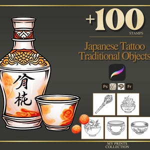 May include: Illustration of a Japanese sake bottle and cup with orange floral designs. The image includes the text "+100 STAMPS" and "Japanese Tattoo Traditional Objects". Additional line art drawings of bowls and a staff are also shown.