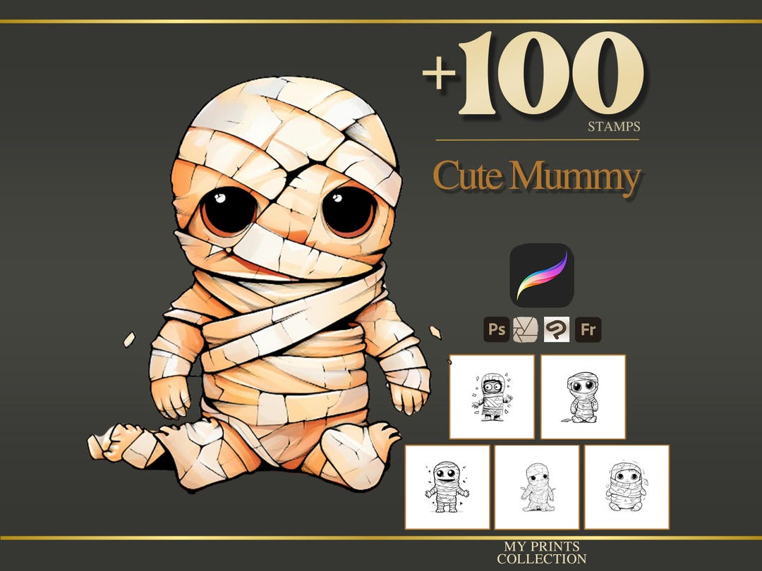 Cute Mummy Halloween Procreate Stamps & Photoshop Brushes – 100+ Tattoo ...