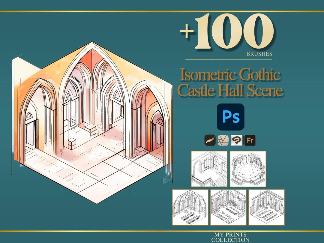 Isometric Gothic Castle Hall Scene Photoshop Brushes & Procreate Stamps ...