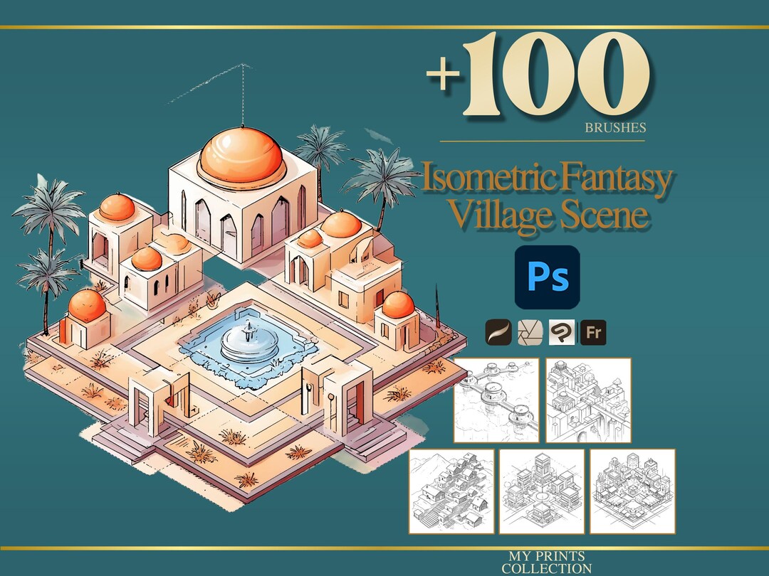 Isometric Fantasy Village Scene Photoshop Brushes & Procreate Stamps ...