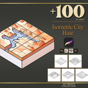 Pode incluir: Ilustração de base de cidade isométrica com um padrão de grade, apresentando um rio e uma cordilheira. A imagem inclui o texto "+100 Stamps" e "Isometric City Base". Ícones e layouts de cidades de amostra também são mostrados.