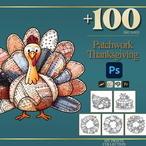 Op de afbeelding: Een digitale afbeelding van een patchwork kalkoen met een kleurrijke waaier van veren. De afbeelding bevat de tekst "+100 BRUSHES" en "Patchwork Thanksgiving" met pictogrammen en extra illustraties van Thanksgiving-thema-elementen.