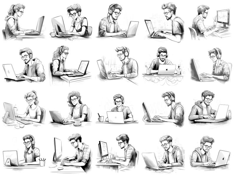 Softwareontwikkelaar Procreate Stamps en Photoshop-penselen – 100+ mensen Carrièretattoo, illustratie, zeer fijne tekeningen, stencil, penseelpakket afbeelding 6