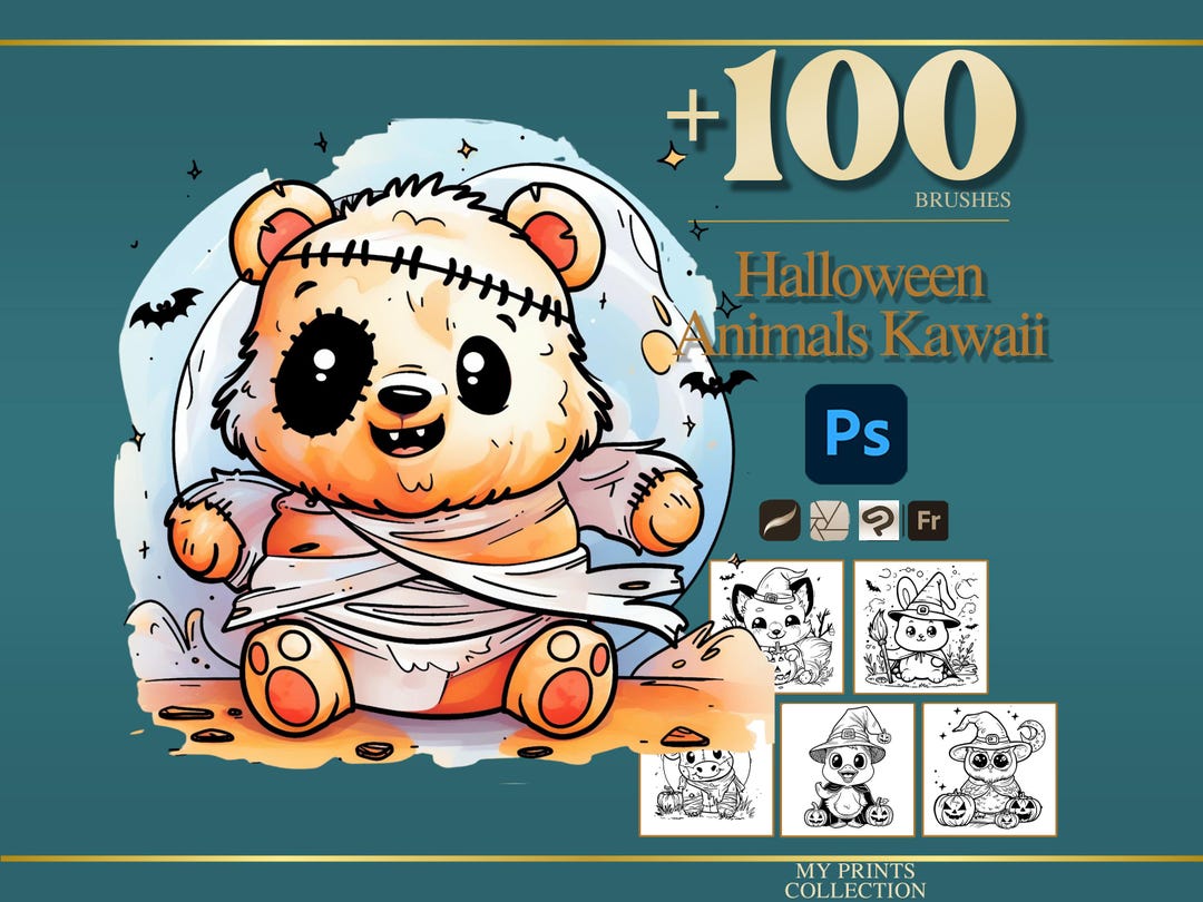 Tiere Kawaii Halloween Photoshop Brushes & Procreate Stamps - 100 ...