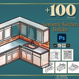 Op de afbeelding: Isometric keukenbouwer grafiek met een teal achtergrond. De afbeelding toont een illustratie in aquarel-stijl van een keuken met kasten, een gootsteen en bakstenen details. Tekst luidt "+100 Brushes" en "Isometric Kitchen Builder".