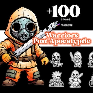 Oltre 100 francobolli di cartoni animati post-apocalittici Procreate Warriors, set di pennelli fantasy Chibi Kawaii, bundle per iPad, armatura artistica, soprannaturale, download digitale