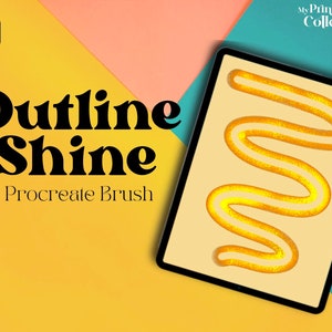 May include: A digital illustration of a Procreate brush titled "Outline Shine" on a tablet. The brush creates a gold, textured, wavy line on a beige background. The background is a split of yellow, pink, and teal.